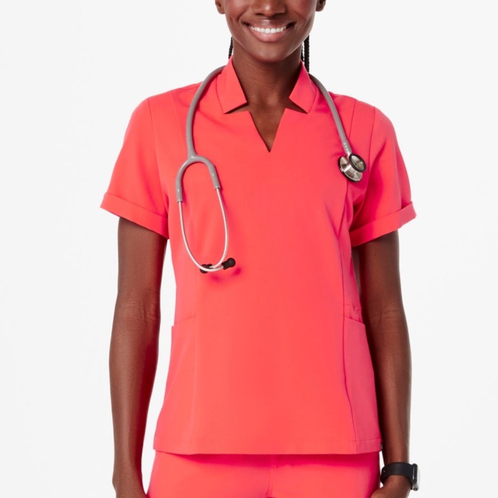 Figs Inala Slim Scrub Top FIERY CORAL